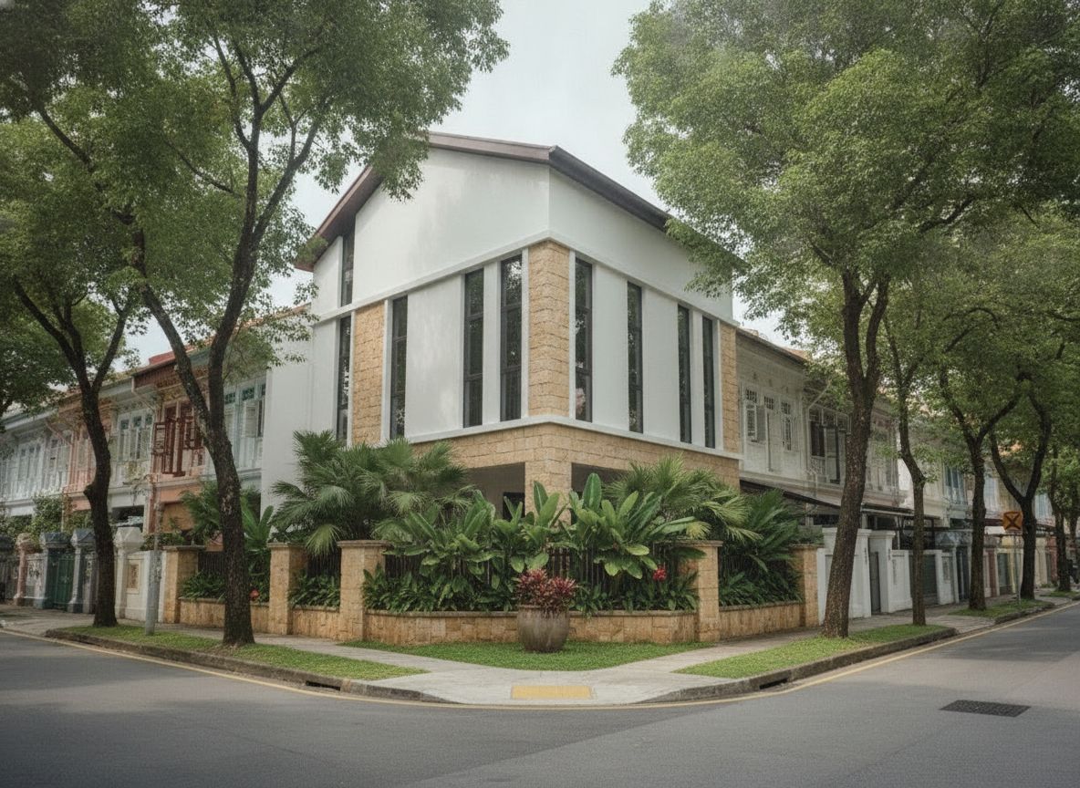 Modern corner terrace house with stone and white facade