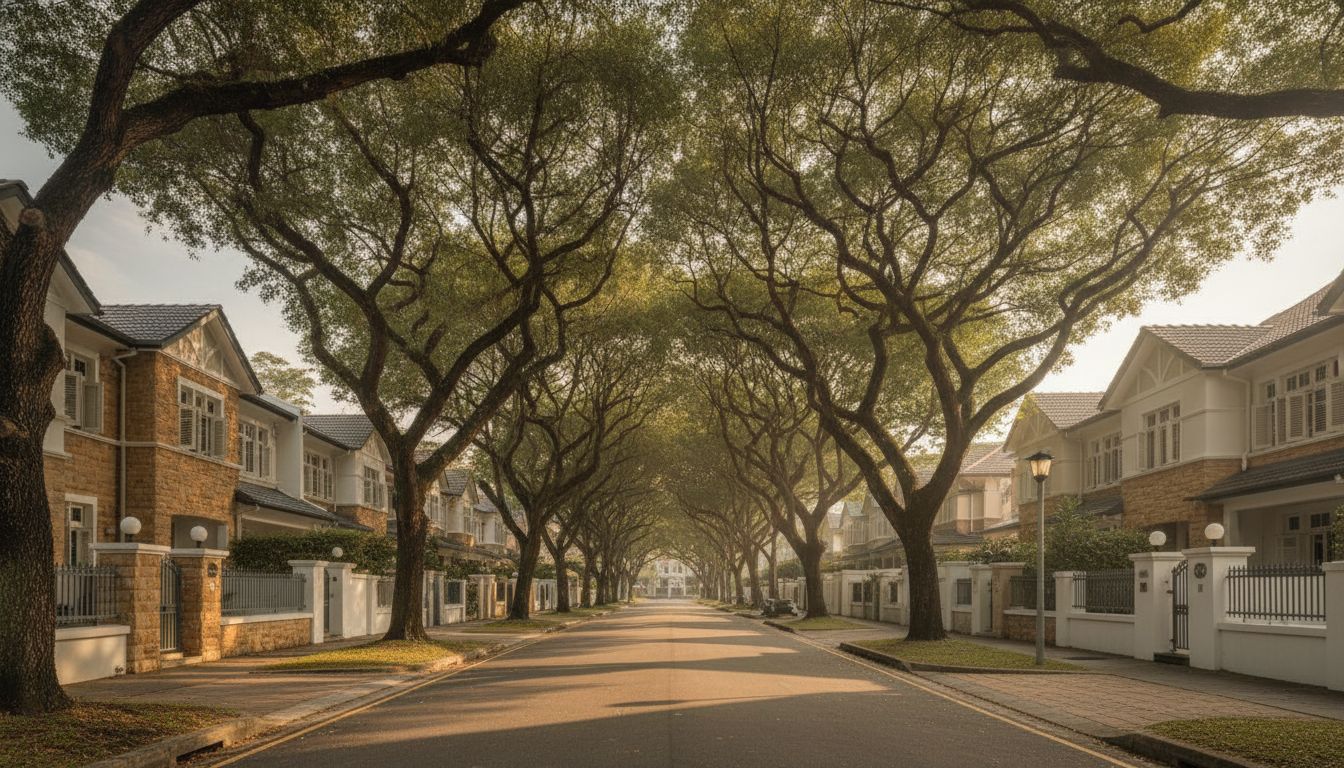 Serangoon Gardens landed property street at golden hour with mature rain trees